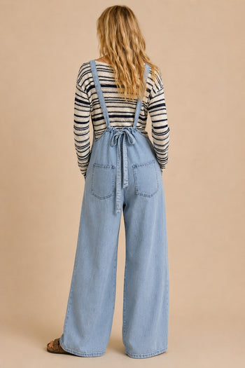 J.nna Retro Floral Embroidered Denim Jumpsuit in Light Denim