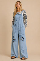 J.nna Retro Floral Embroidered Denim Jumpsuit in Light Denim