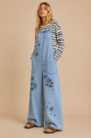 J.nna Retro Floral Embroidered Denim Jumpsuit in Light Denim