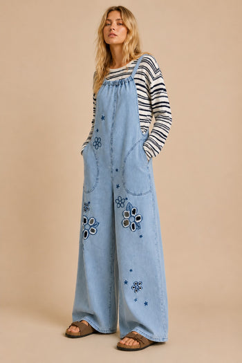 J.nna Retro Floral Embroidered Denim Jumpsuit in Light Denim