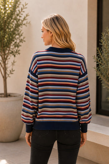 Sew in Love Pullover Crew Neck Sweater Long Sleeve With Ribbed Cuffs in Multi Stripe