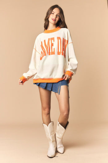 Peach Love Reversible Gameday And Stripe Mock Neck Sweatshirt in Burnt Orange/Cream