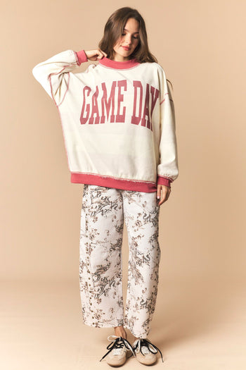 Peach Love Reversible Gameday And Stripe Mock Neck Sweatshirt in Crimson/Cream