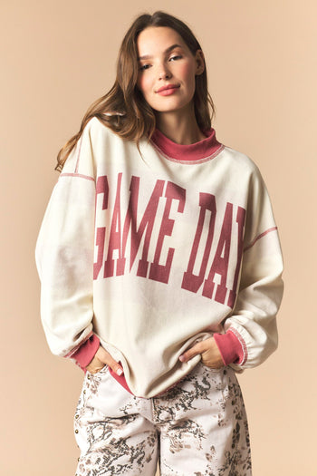 Peach Love Reversible Gameday And Stripe Mock Neck Sweatshirt in Crimson/Cream