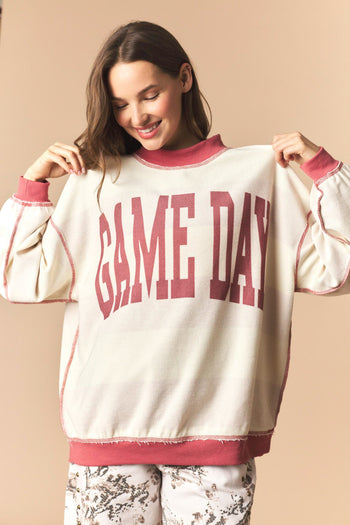 Peach Love Reversible Gameday And Stripe Mock Neck Sweatshirt in Crimson/Cream