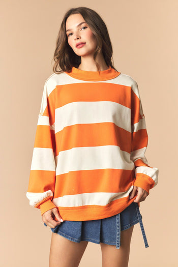 Peach Love Reversible Gameday And Stripe Mock Neck Sweatshirt in Burnt Orange/Cream