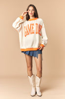 Peach Love Reversible Gameday And Stripe Mock Neck Sweatshirt in Burnt Orange/Cream