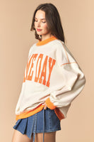 Peach Love Reversible Gameday And Stripe Mock Neck Sweatshirt in Burnt Orange/Cream