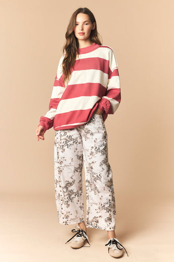 Peach Love Reversible Gameday And Stripe Mock Neck Sweatshirt in Crimson/Cream