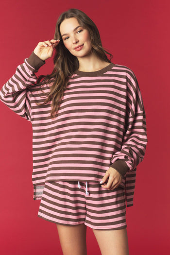 Peach Love Contrasting Stripe Sweatshirt And Shorts Set in Brown/Pink
