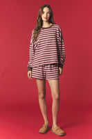 Peach Love Contrasting Stripe Sweatshirt And Shorts Set in Brown/Pink