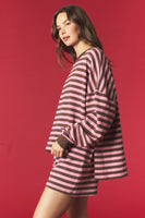 Peach Love Contrasting Stripe Sweatshirt And Shorts Set in Brown/Pink
