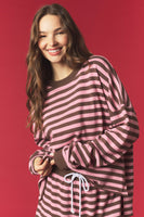 Peach Love Contrasting Stripe Sweatshirt And Shorts Set in Brown/Pink