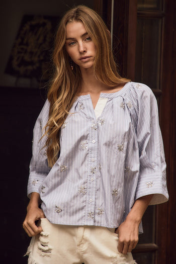 Oddi Embroidered Striped Blouse in Blue Combo