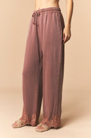 Peach Love Washed French Terry Lace Hem Detailed Pants in Brown