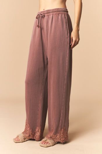 Peach Love Washed French Terry Lace Hem Detailed Pants in Brown