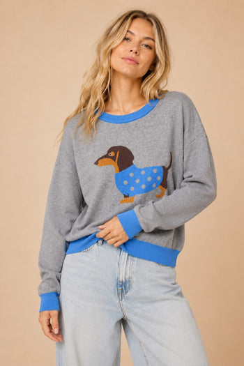 J.nna OVERSIZED Dachshund Knit Sweater in Grey/Blue