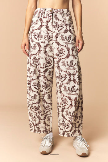 Peach Love Western Printed Barrel Pants in Cream/Brown