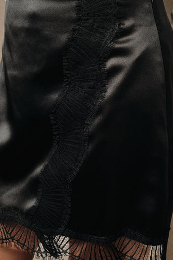 Sunday Edition High Waisted Satin Surplice Lace Trim Mini Skirt in Black