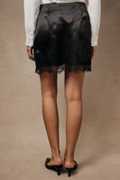 Sunday Edition High Waisted Satin Surplice Lace Trim Mini Skirt in Black