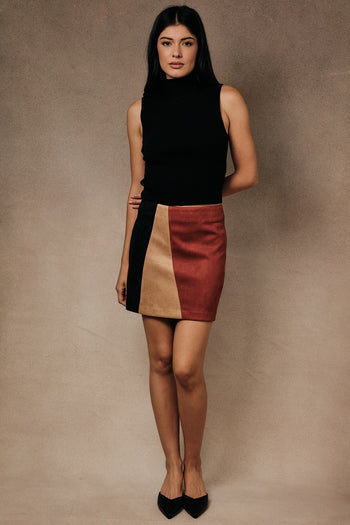 Sunday Edition Colorblock Faux Suede Mini Skirt in Rust-Multi