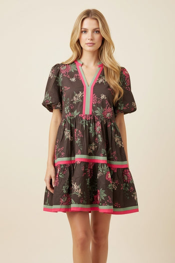 Heimish Botanical Floral Puff Sleeve Tiered Mini Dress in Brown