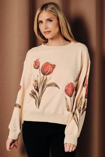 Sunday Edition Tulip Graphic Fleece Sweatshirt in Beige
