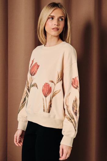 Sunday Edition Tulip Graphic Fleece Sweatshirt in Beige