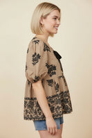 Heimish Floral Embroidered Peplum Top in Taupe/Black