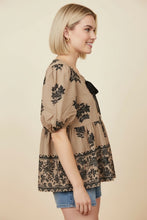 Load image into Gallery viewer, Heimish Floral Embroidered Peplum Top in Taupe/Black
