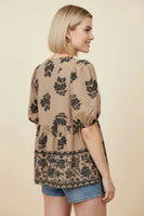 Heimish Floral Embroidered Peplum Top in Taupe/Black
