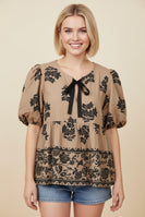 Heimish Floral Embroidered Peplum Top in Taupe/Black