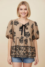 Load image into Gallery viewer, Heimish Floral Embroidered Peplum Top in Taupe/Black
