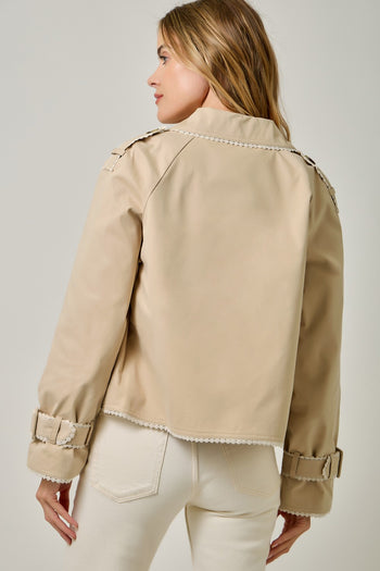 Mystree Lace Trim Half Length Trench Coat in Taupe