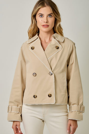 Mystree Lace Trim Half Length Trench Coat in Taupe