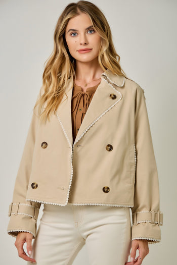 Mystree Lace Trim Half Length Trench Coat in Taupe