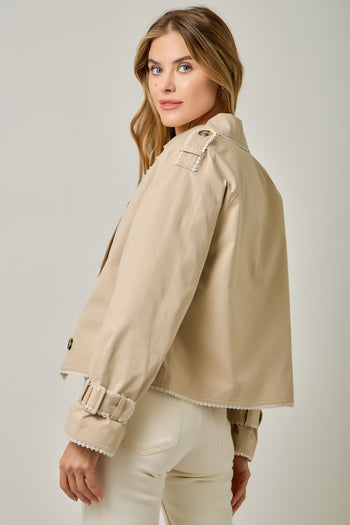 Mystree Lace Trim Half Length Trench Coat in Taupe
