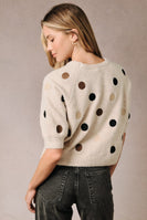 Sunday Edition Fuzzy Polka Dot Raglan Short Sleeve Knit Sweater in Oatmeal-Multi Dot