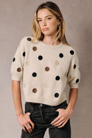 Sunday Edition Fuzzy Polka Dot Raglan Short Sleeve Knit Sweater in Oatmeal-Multi Dot