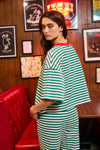 BucketList Striped Oversized Boxy Tee With Contrast Neck Band in Green/Ivory