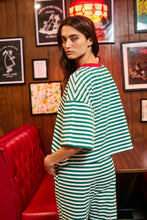 Load image into Gallery viewer, BucketList Striped Oversized Boxy Tee With Contrast Neck Band in Green/Ivory
