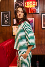 Load image into Gallery viewer, BucketList Striped Oversized Boxy Tee With Contrast Neck Band in Green/Ivory

