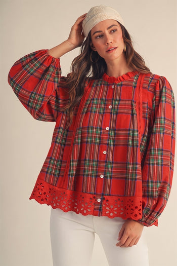 LovLov Christmas Plaid Button Down Lace Blouse in Red