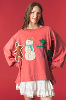 Peach Love OVERSIZED Christmas Patched French Terry Sweatshirt in Vintage Red