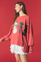 Load image into Gallery viewer, Peach Love OVERSIZED Christmas Patched French Terry Sweatshirt in Vintage Red

