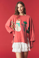 Peach Love OVERSIZED Christmas Patched French Terry Sweatshirt in Vintage Red