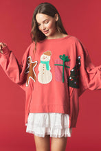Load image into Gallery viewer, Peach Love OVERSIZED Christmas Patched French Terry Sweatshirt in Vintage Red
