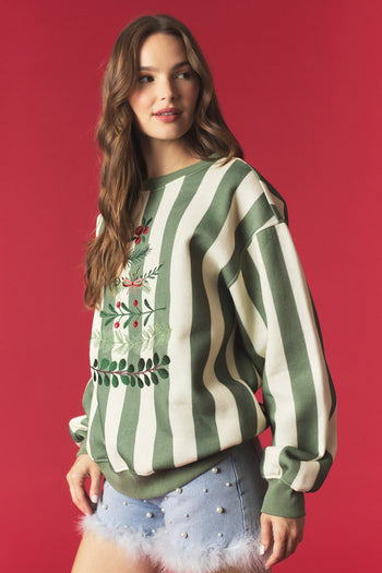 Peach Love Stripe And Wreath Tree Embroidery Sweatshirt in Light Hunter