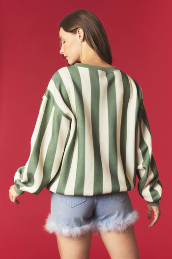 Peach Love Stripe And Wreath Tree Embroidery Sweatshirt in Light Hunter