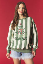 Load image into Gallery viewer, Peach Love Stripe And Wreath Tree Embroidery Sweatshirt in Light Hunter
